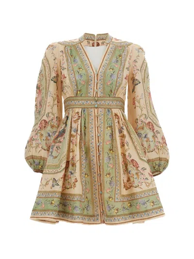 Zimmermann Mini Dress In Linen With Floral Print In Multi