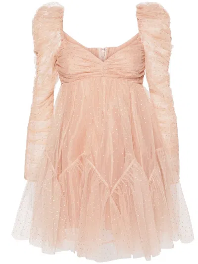 Zimmermann Tulle Ruched Mini Dress Nude/gold Dot In Pink