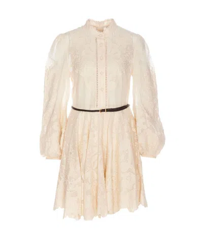 Zimmermann Mini Beige Dress With Embroidery And Contrasting Belt In Linen Woman