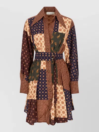 Zimmermann Tuck Patchwork-print Belted Mini Dress In Brown