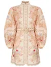 Zimmermann Linen Mini Dress With Floral Print And Scalloped Edges In Multi