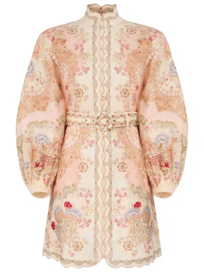 Zimmermann Linen Mini Dress With Floral Print And Scalloped Edges In Multi