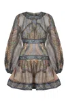 Zimmermann Wanderlust Multicolor Crewneck Mini Dress With Puffed Long Sleeves And All-over Print In Cotton And  In Multi