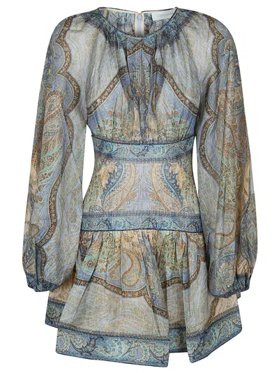 Zimmermann Mini Dress With Round Neckline And Flared Skirt In Blue