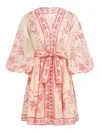 Zimmermann Lucky Pink Mini Dress With V Neck And All-over Floral Print In Linen Woman