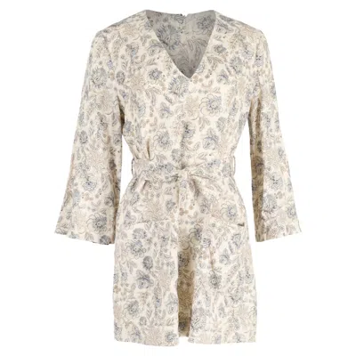 Zimmermann Mini Floral Print Belted Dress In Cream Linen In White
