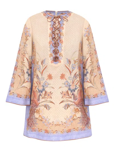 Zimmermann Mini Floral Tunic Dress In Beige