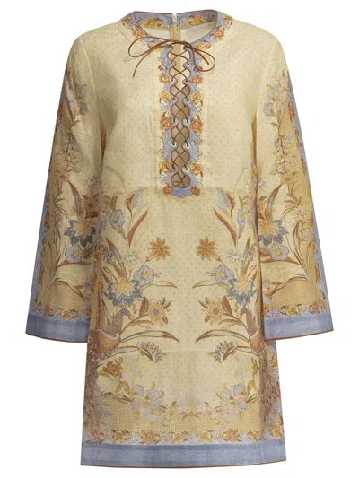 Zimmermann Mini Floral Tunic Dress In Beige