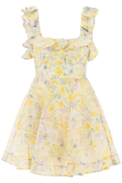 Zimmermann "mini Harmony Floral Organza Dress" In White,yellow