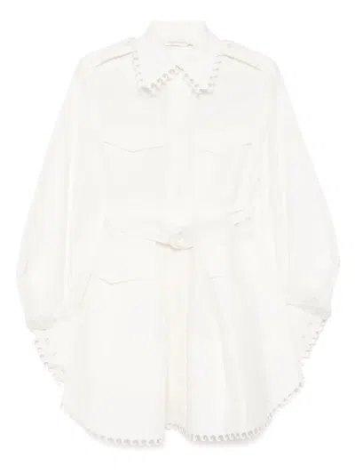 Zimmermann Ivory White Mini Dress With Belt Waist In Beige