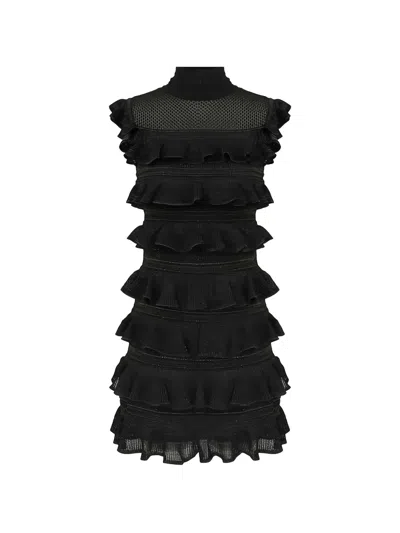 Zimmermann Mini Ribbed Stand Collar Dress With Tiered Frills In Black