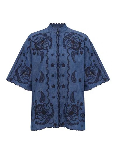 Zimmermann Mini Scalloped Toggle Button Shirt With Embroidery - Size 0 In Blu