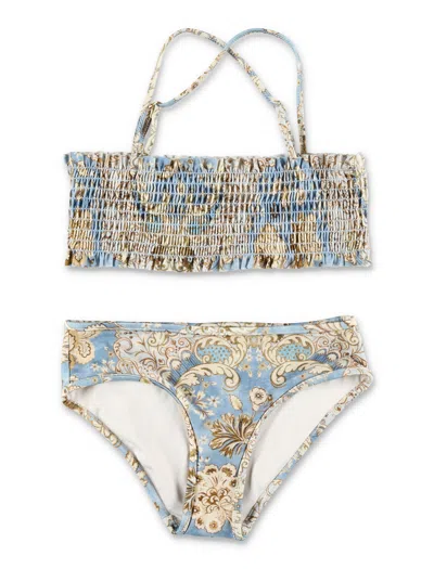 Zimmermann Mini Shirred Bikini Set For Girls In Denim Floral