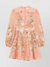 Zimmermann Tallow Pleated Floral-print Linen Mini Dress