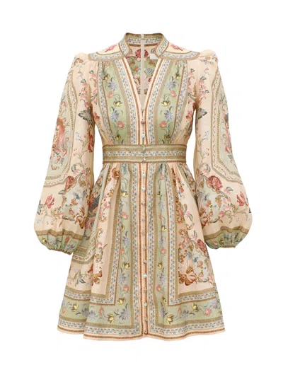 Zimmermann Mini V-neck Dress With Stand Collar And Stone Buttons - Size 0 In Multi