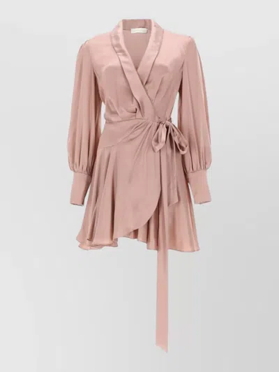 Zimmermann Mini Wrap Dress Long Sleeves Pleated In Pink