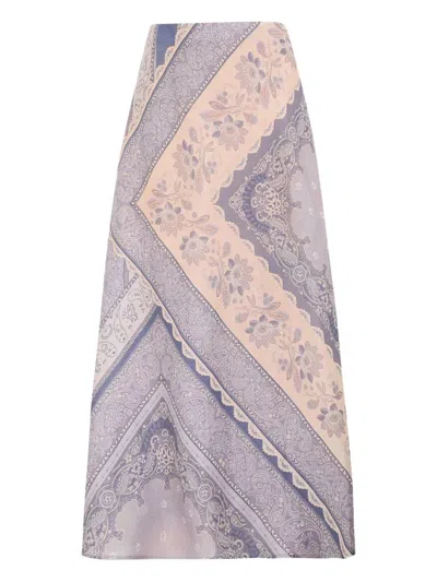 Zimmermann Mix-print Long Skirt In Purple