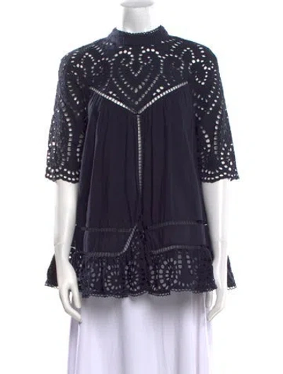 Pre-owned Zimmermann Mock Neck Long Sleeve Blouse In Blue