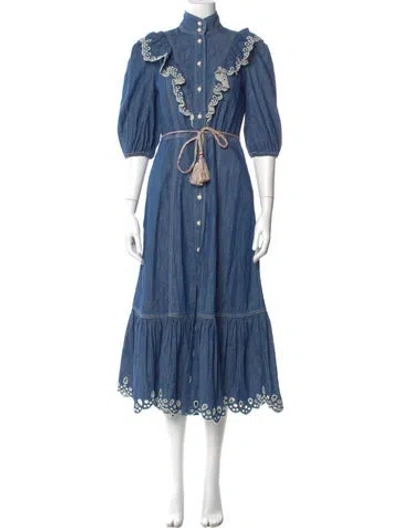 Pre-owned Zimmermann Mock Neck Midi Length Dress In Blue
