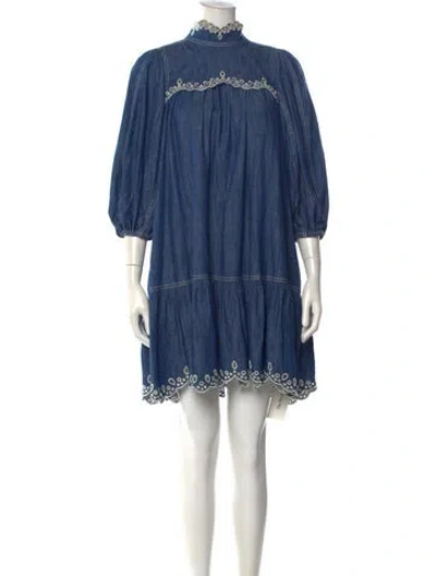 Pre-owned Zimmermann Mock Neck Mini Dress In Blue