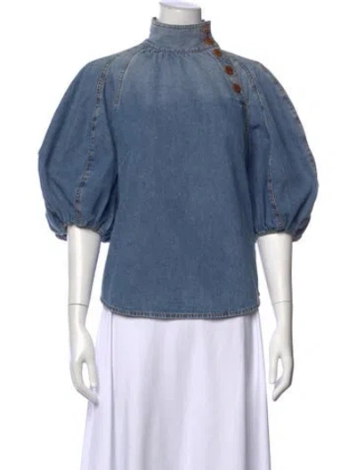 Pre-owned Zimmermann Mock Neck Short Sleeve Blouse In Blue