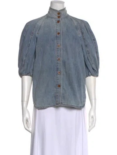 Pre-owned Zimmermann Mock Neck Three-quarter Sleeve Button-up Top In Blue