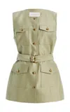 Zimmermann Luna Belted Wool And Silk-blend Vest In Green