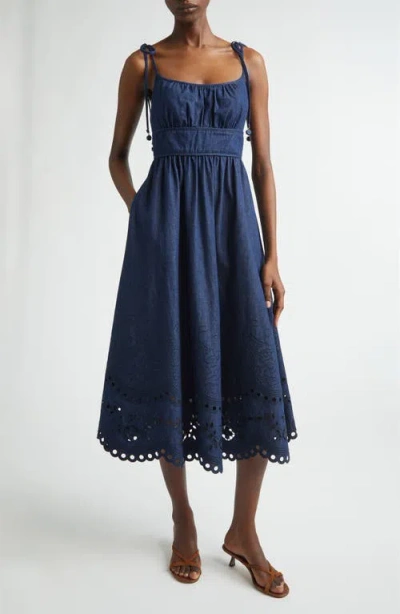 Zimmermann Mohan Broderie Anglaise Trim Denim Midi Dress In Blue
