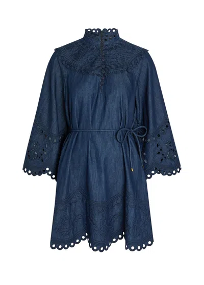 Zimmermann Mohon Broderie Anglaise Denim Mini Dress In Blue