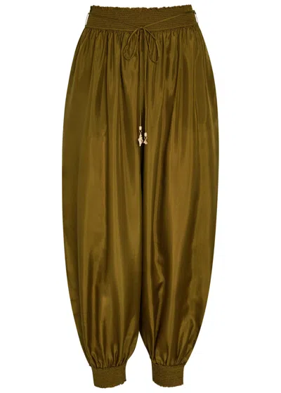 Zimmermann Mohon Cuffed Silk Trousers In Green
