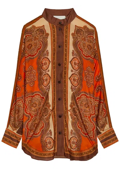 Zimmermann Mohon Printed Silk Shirt In Brown