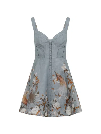 Zimmermann Blue Bird Floral Momentum Corded Mini Dress In Gray