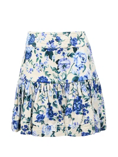 Pre-owned Zimmermann Moncur Flounce Floral-print Mini Skirt In White