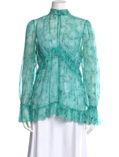 Pre-owned Zimmermann Moncur Gathered Frill Silk Blouse In Blue