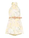 Zimmermann Acacia Belted Floral-print Linen Halterneck Playsuit In Yellow