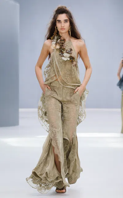 Zimmermann Motion Lace Flare Cotton Pants In Green
