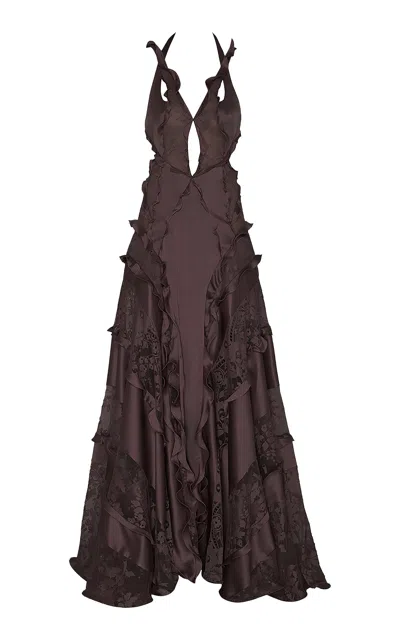 Zimmermann Motion Spliced Lace Silk-blend Maxi Dress In Brown
