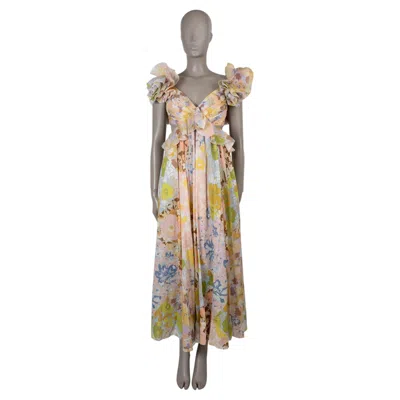 Pre-owned Zimmermann Multi Cotton 2024 Pop Ruffle Patch Floral Maxi Dress 0 Xs In Brown