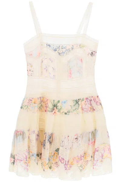 Zimmermann Mini Halliday Dress With Floral Print And Lace In Multicolour