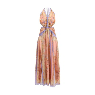 Zimmermann Indra Plunge Printed Metallic Cotton And Silk-blend Halterneck Maxi Dress In Brown