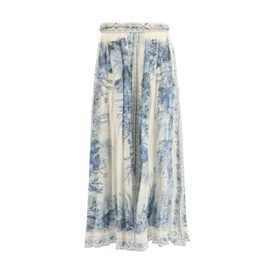 Zimmermann Wanderlust Belted Pleated Printed Cotton Maxi Skirt In Blue