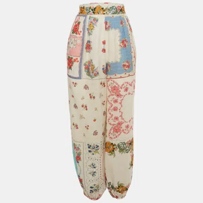 Pre-owned Zimmermann Multicolor Floral Print Clover Patchwork Linen Cuffed Trousers M