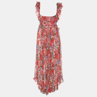Pre-owned Zimmermann Multicolor Floral Print Silk Ruffled Detail Dress M