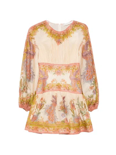 Zimmermann Multicolor Floral Round Neck Mini Dress In Pink