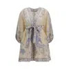 Zimmermann Womens Indra Plunge Linen Mini Dress Cream Lilac Floral In Neutral
