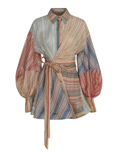 Zimmermann Rebellion Multicolor Midi Dress With Bow Detail On The Front And All-over Striped Motif In Linen And