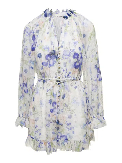 Zimmermann Multicolor Natura Flutter Playsuit With Garden Print All-over In Viscose Woman In White