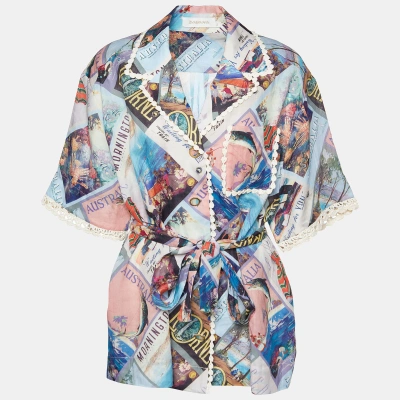 Pre-owned Zimmermann Multicolor Postcard Print Ramie Belted Shirt M
