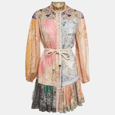 Pre-owned Zimmermann Multicolor Printed Cotton Button Front Belted Flounce Mini Dress S