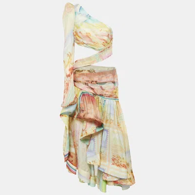 Pre-owned Zimmermann Multicolor Printed Linen And Silk Cut-out Detail One Shoulder Gown M